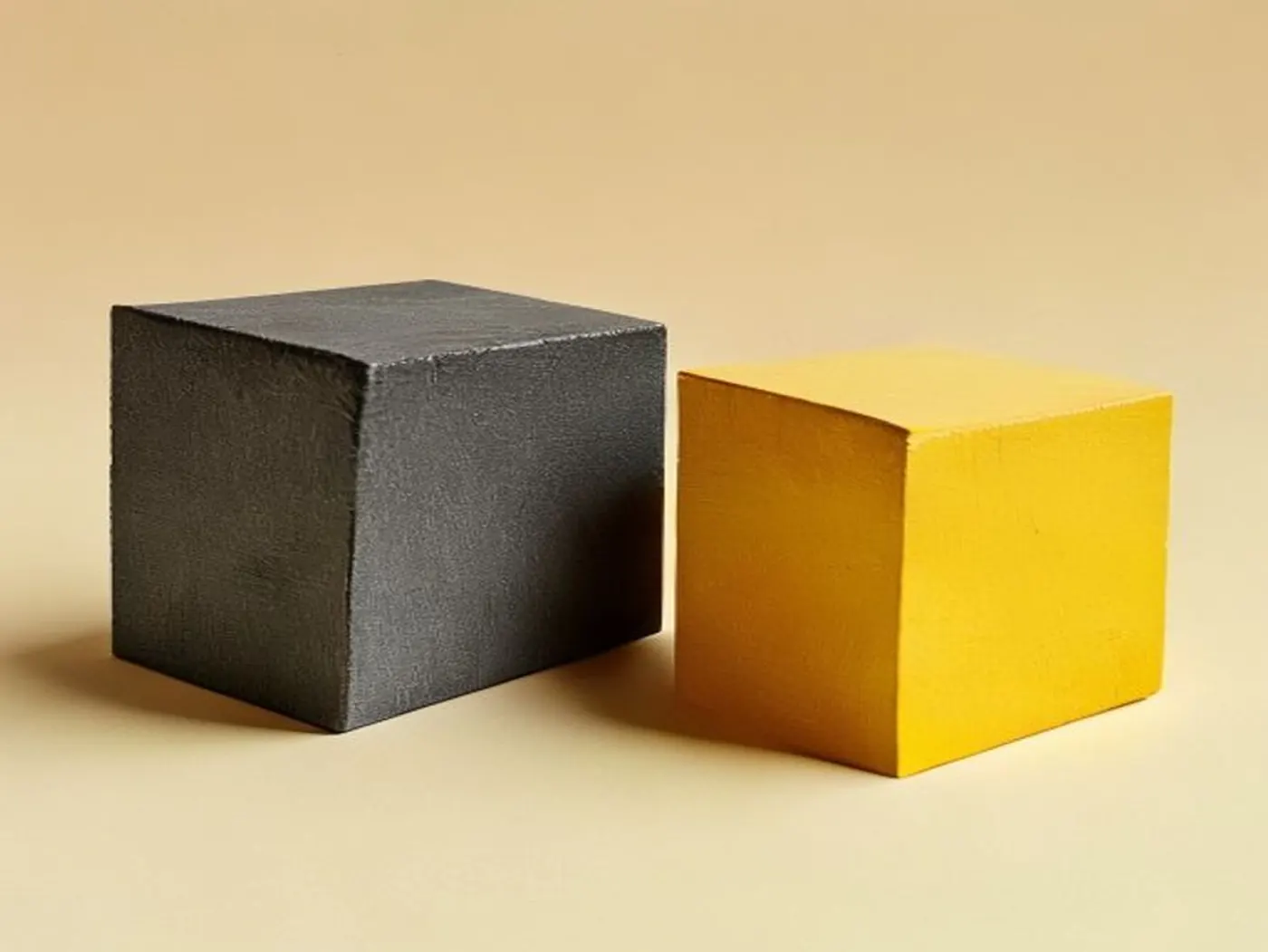 A dark cube and a yellow cube side by side, close in size