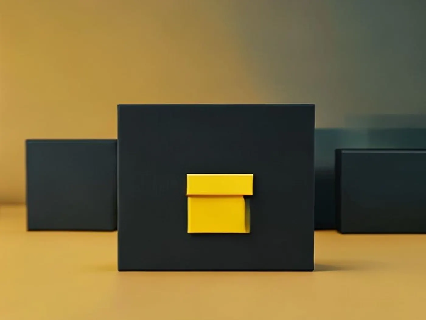 A dark box with a small yellow door, other boxes blurred behind