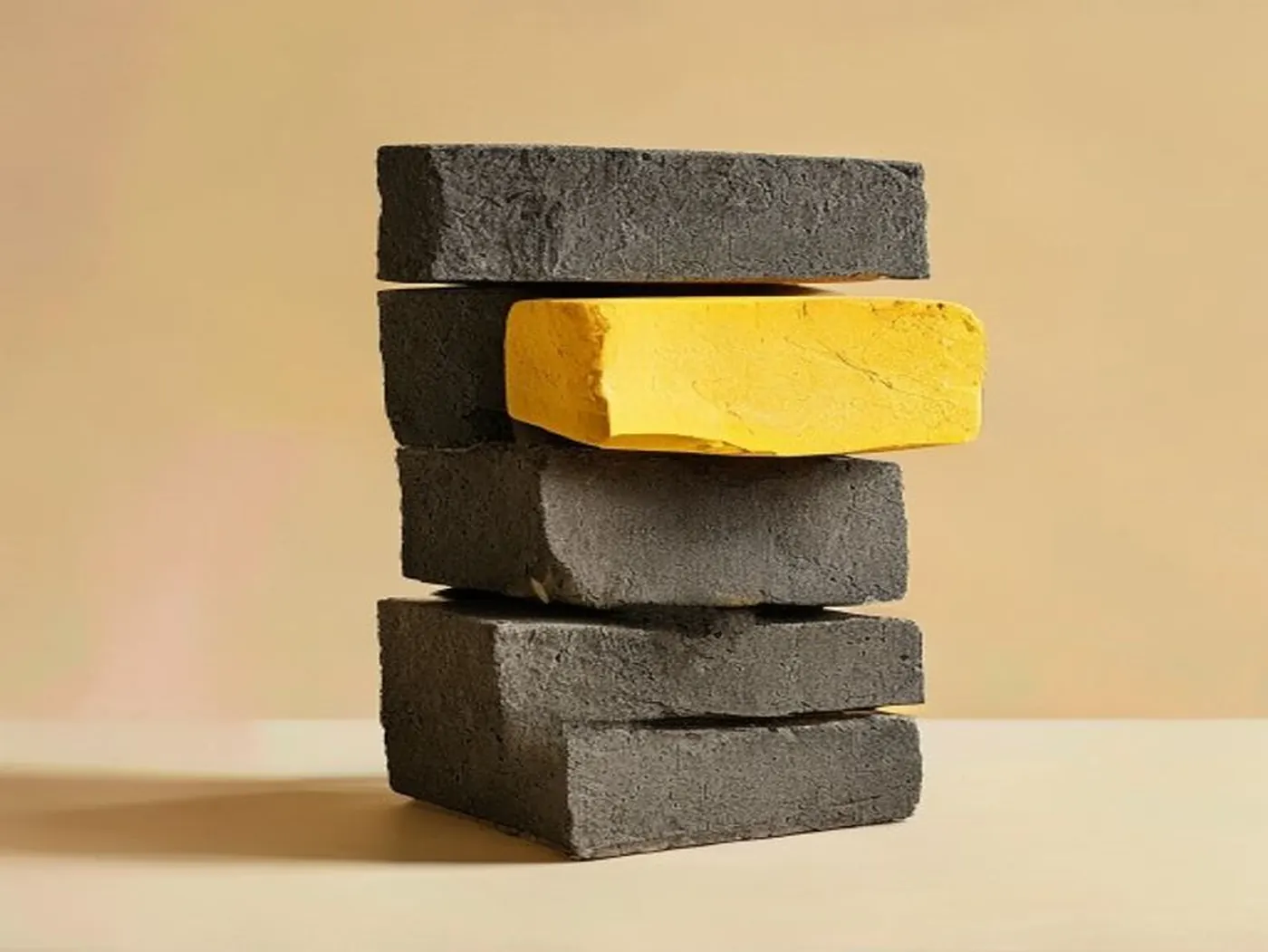 A leaning stack of dark slabs, one yellow slab sliding out from the middle
