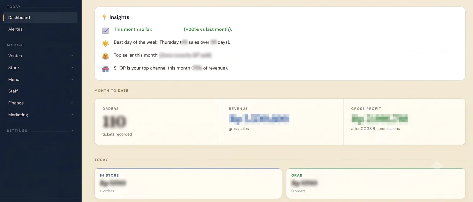 Tableau de bord d'un outil de gestion conçu pour une crêperie : ventes, stock, carte, équipe, finance